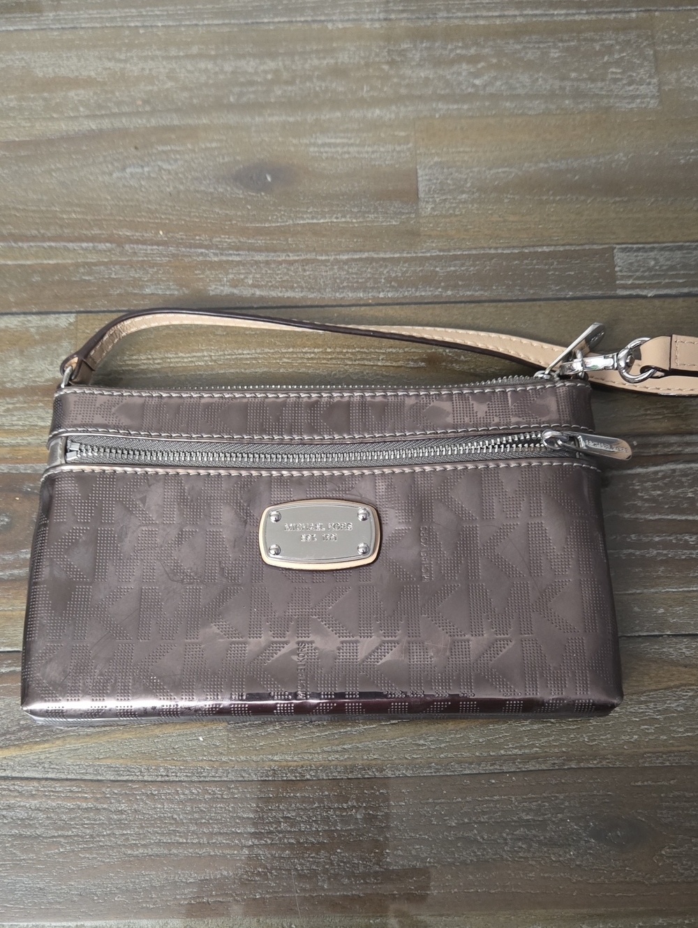Michael Kors Metallic Brown Logo Wristlet Clutch